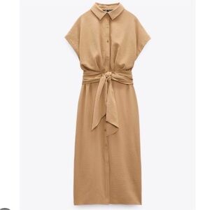 Zara Tan Midi Dress with Dolman Sleeves and Dress Shirt Collar